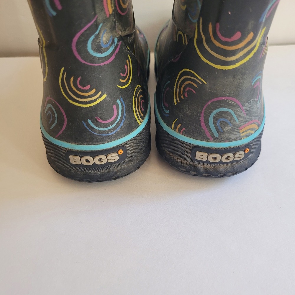 Bogs Rain Boots Youth 1 Black Wild Rainbow Waterproof Pull On - Picture 2 of 9